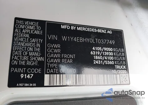 2020 Mercedes-Benz Sprinter 2500 Standard Roof V6 z USA, uszkodzony, nr VIN W1Y4EBHY0LT037749